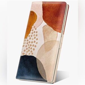 Tan and brown wallet with 11 card slots, 1 ID window, and 1 coin pocket